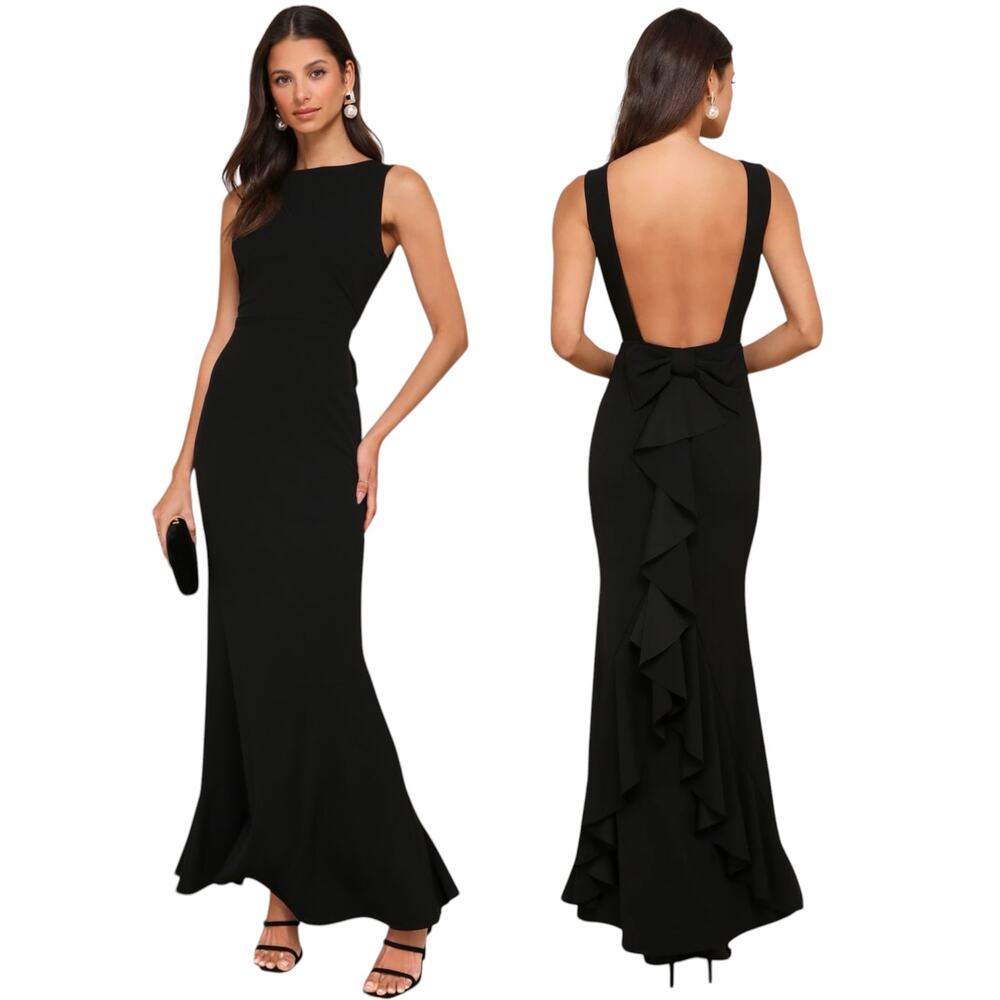 Lulus Exquisite Refinement Black Backless Bow Ruffled Maxi Dress size S NWT